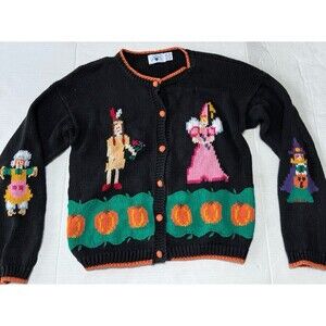 Ugly Halloween Hartstrings Knit Sweater Grandma VTG Holiday 3D Cardigan Small